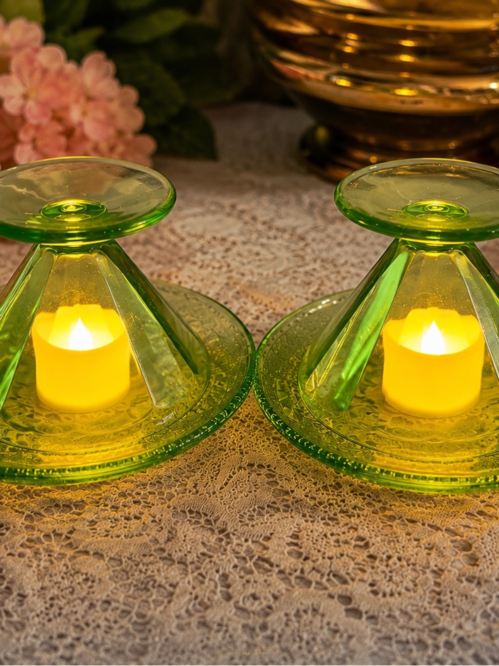 Vintage Green Uranium Glass Sherbet Fairy Lamps Pair UV Reactive